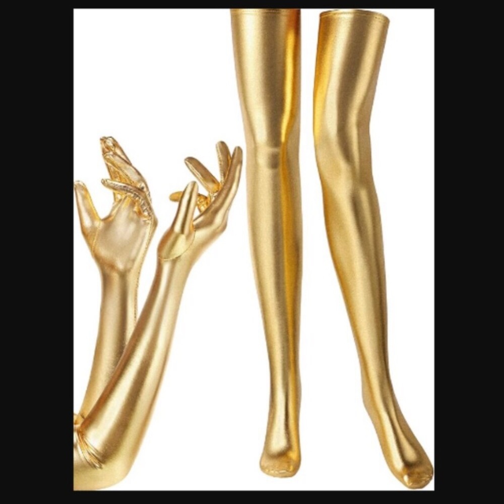 Elastic Spandex Shiny Wet Long Gloves and Thigh High Stockings
